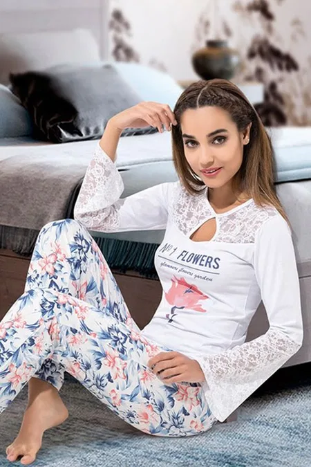 Derya Kurşun Uzun Kol Dantelli Kadın Pijama Takım Konforlu Esnek Derya 1115 - Görsel 2