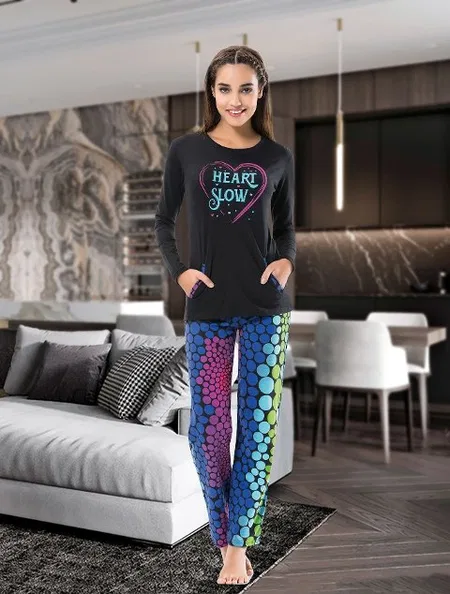 Çok Renkli Uzun Kol Kadın Pijama Takım Derya Kurşun 1110 - Çok Renkli