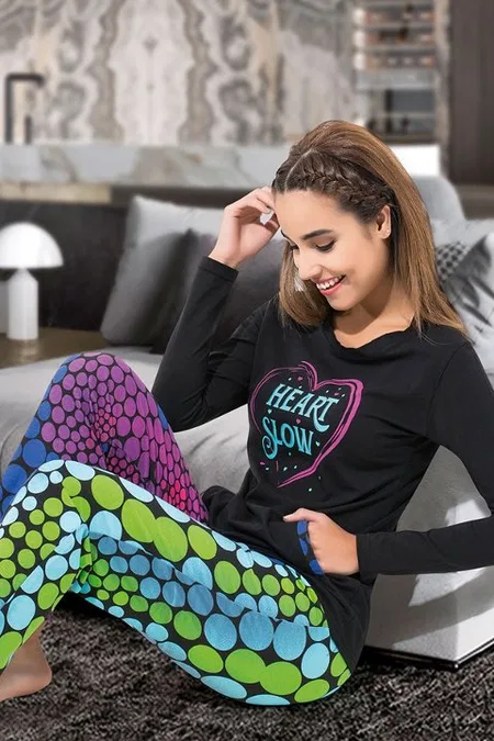 Çok Renkli Uzun Kol Kadın Pijama Takım Derya Kurşun 1110 - Çok Renkli