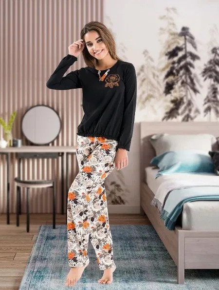Penye Kumaş Uzun Kol Kadın Pijama Takımı Derya 1114 - Çok Renkli