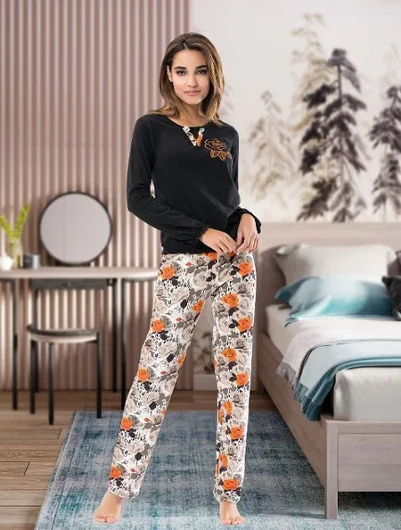 Penye Kumaş Uzun Kol Kadın Pijama Takımı Derya 1114 - Çok Renkli