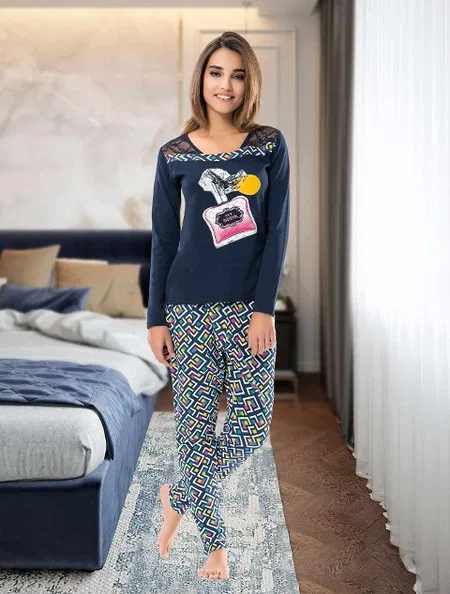 Derya Kurşun Esnek Pamuklu Uzun Kol Kadın Pijama Takımı Derya 1113