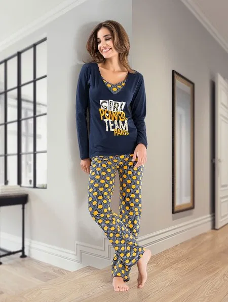 V Yaka Uzun Kollu Kadın Pijama Takımı Kurşun Derya 1104 - Çok Renkli
