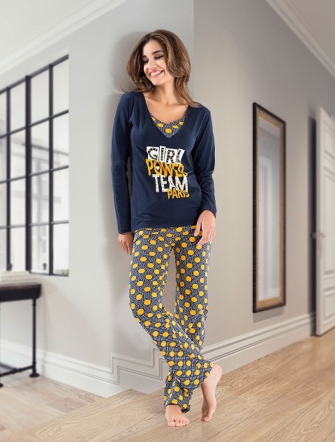 V Yaka Uzun Kollu Kadın Pijama Takımı Kurşun Derya 1104 - Çok Renkli