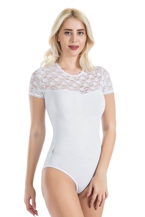 Dantel Detaylı Yarım Kol Body Derya Kurşun 338 - Beyaz