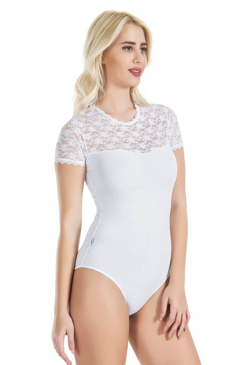 Dantel Detaylı Yarım Kol Body Derya Kurşun 338 - Beyaz