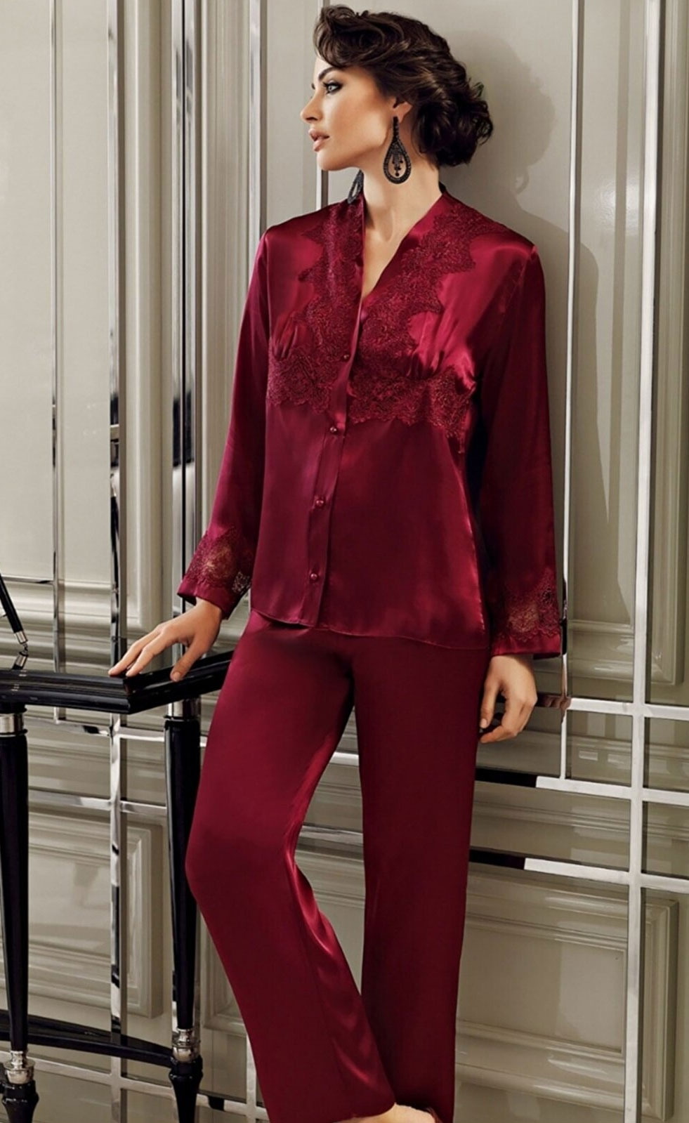 Saten Gelin Çeyiz Gecelik Sabahlık Takımı Pembe Perin 9300 - Bordo