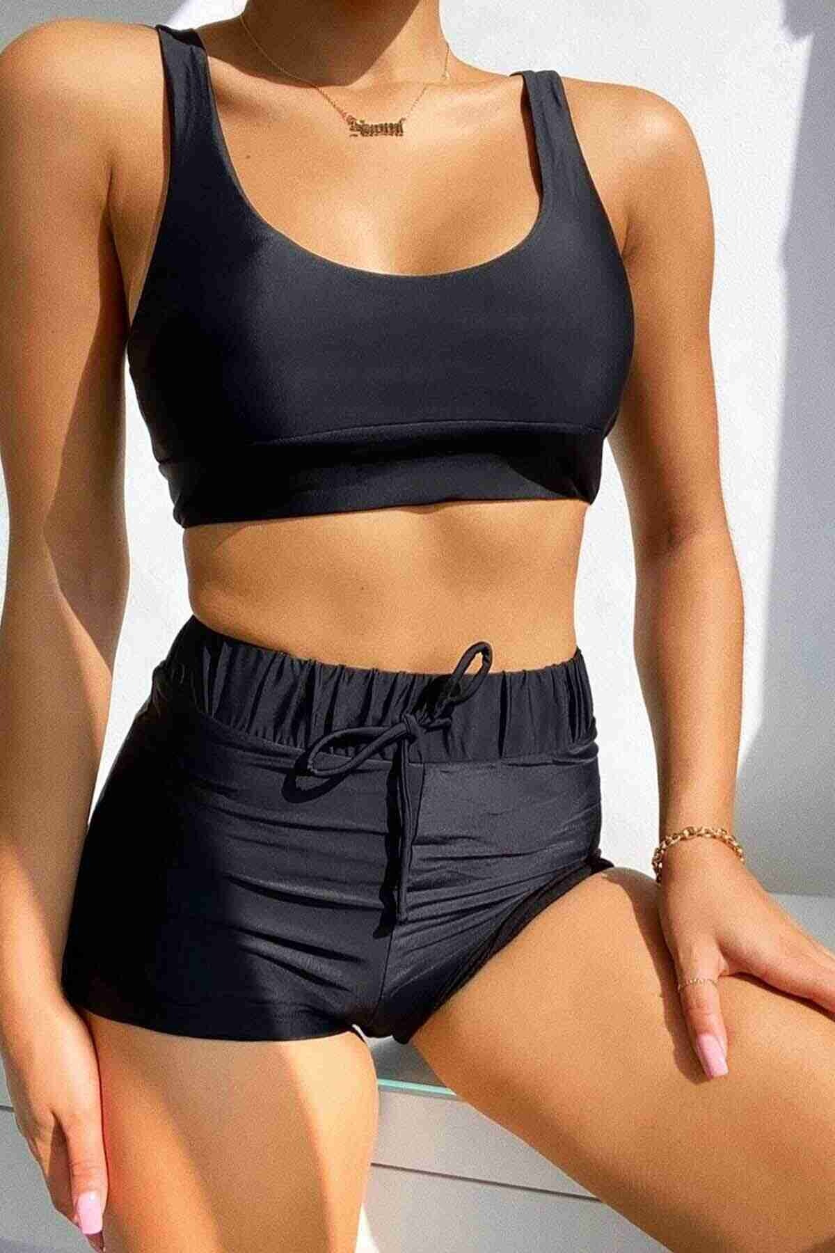 Şortlu Kadın Tankini Takım Siyah Angelsin MS4158 - Siyah
