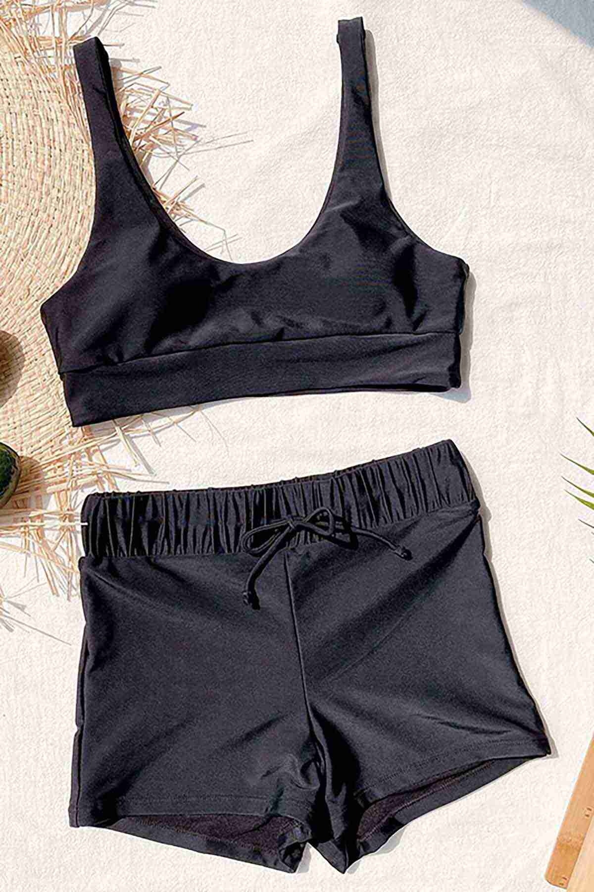 Şortlu Kadın Tankini Takım Siyah Angelsin MS4158 - Siyah
