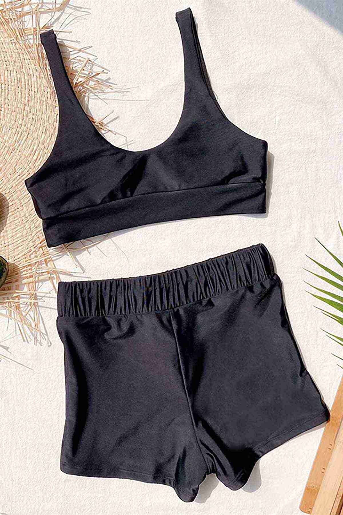 Şortlu Kadın Tankini Takım Siyah Angelsin MS4158 - Siyah
