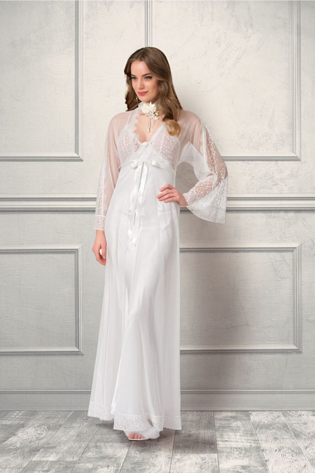 Kuşaklı Uzun Sabahlık Siyah Pamuk For Dreams 4962 - Ekru