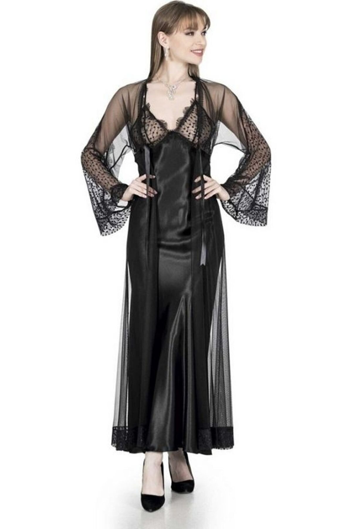 For Dreams Kuşaklı Uzun Sabahlık Siyah Pamuk For Dreams 4962