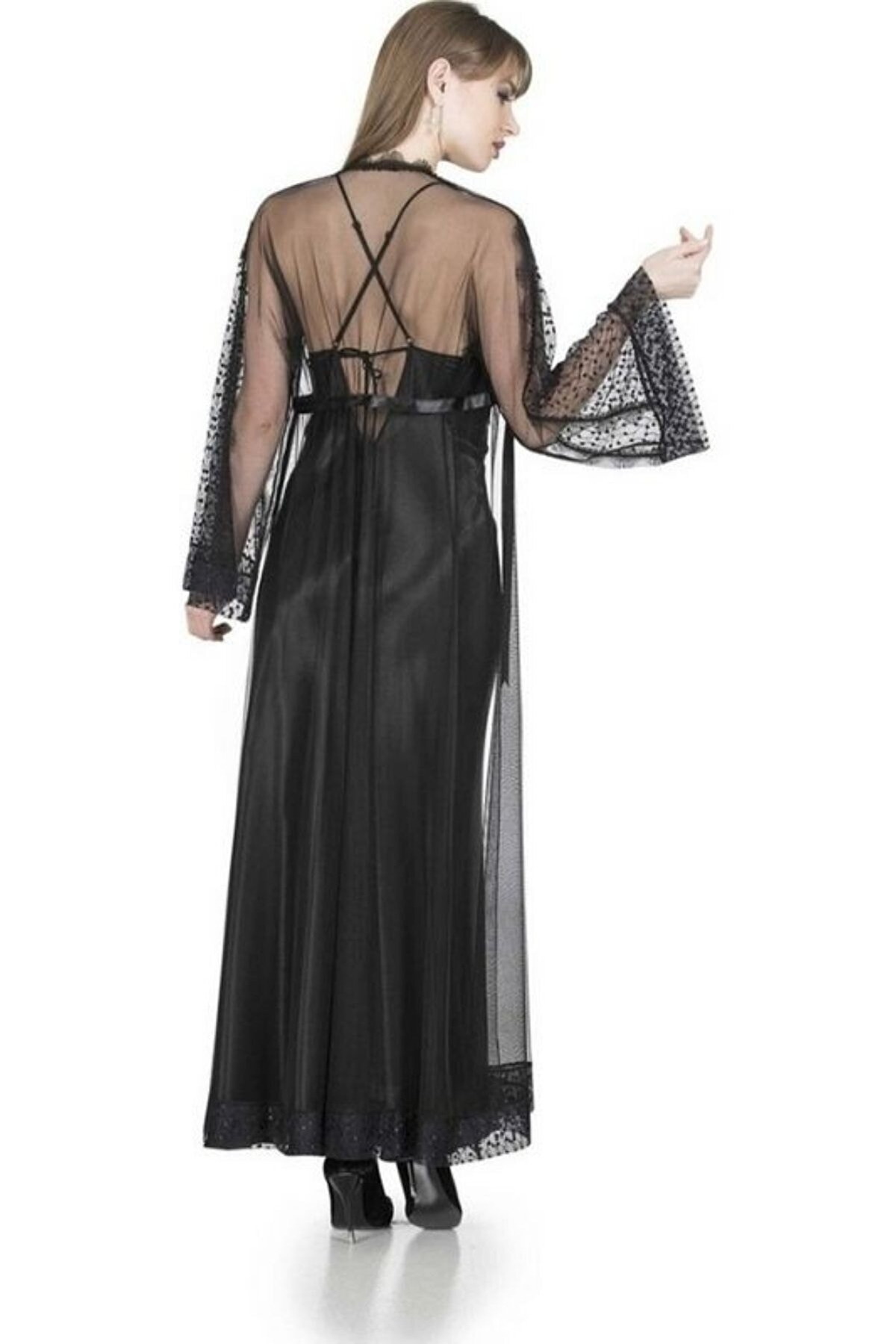 For Dreams Kuşaklı Uzun Sabahlık Siyah Pamuk For Dreams 4962 - Görsel 2