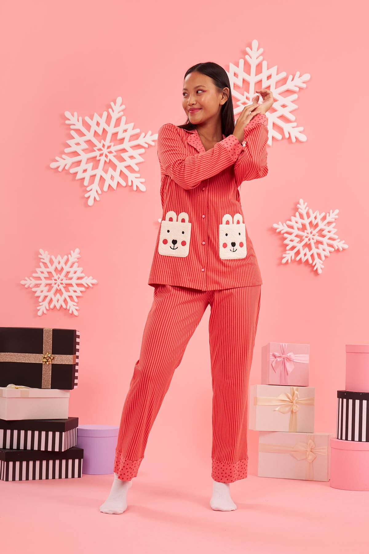 NBB Ayıcık Desenli Pamuklu Kadın Pijama Takımı NBB 67630