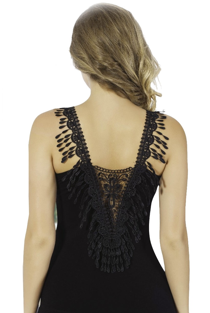 Yüksek Pamuklu Likralı Dantel Atlet HMD 2460 - Siyah