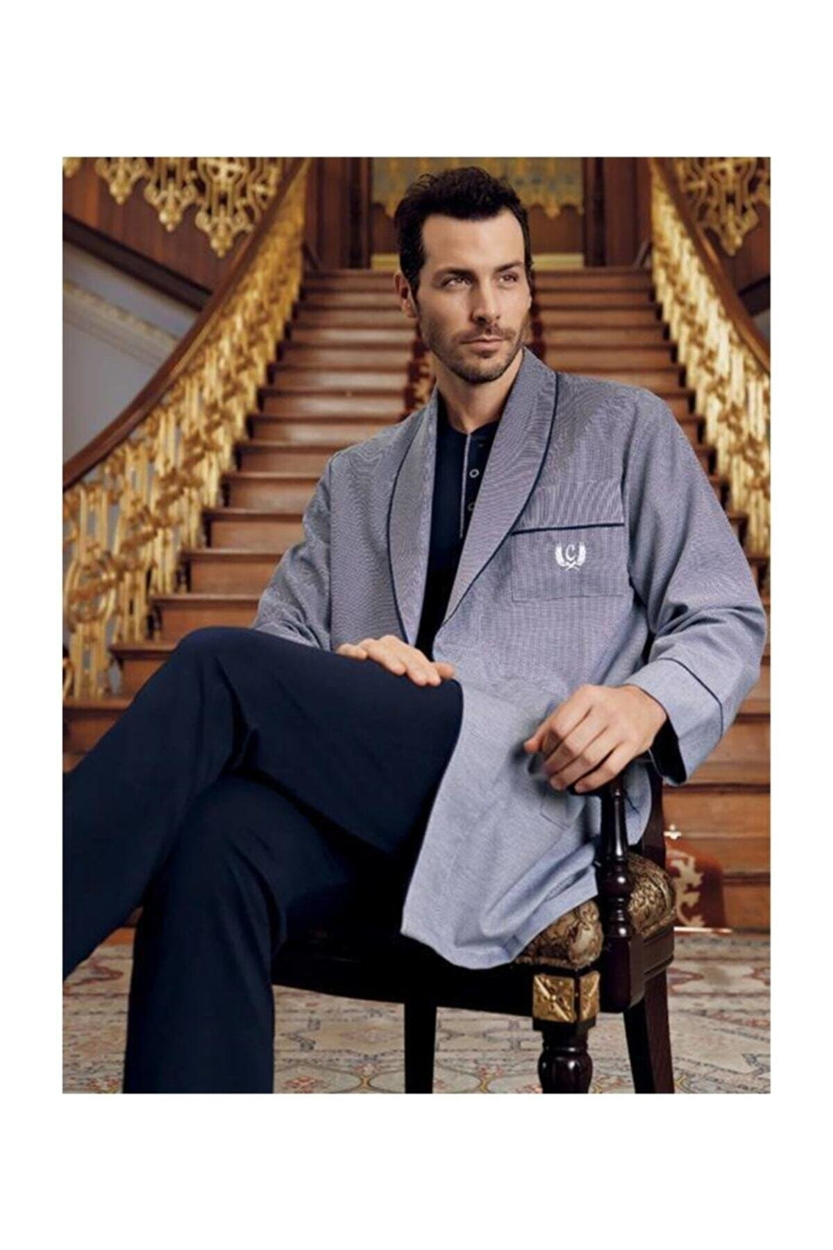 Ekru ve Pembe 5Li Pijama Robdöşambır Seti Perin 1095 - Lacivert