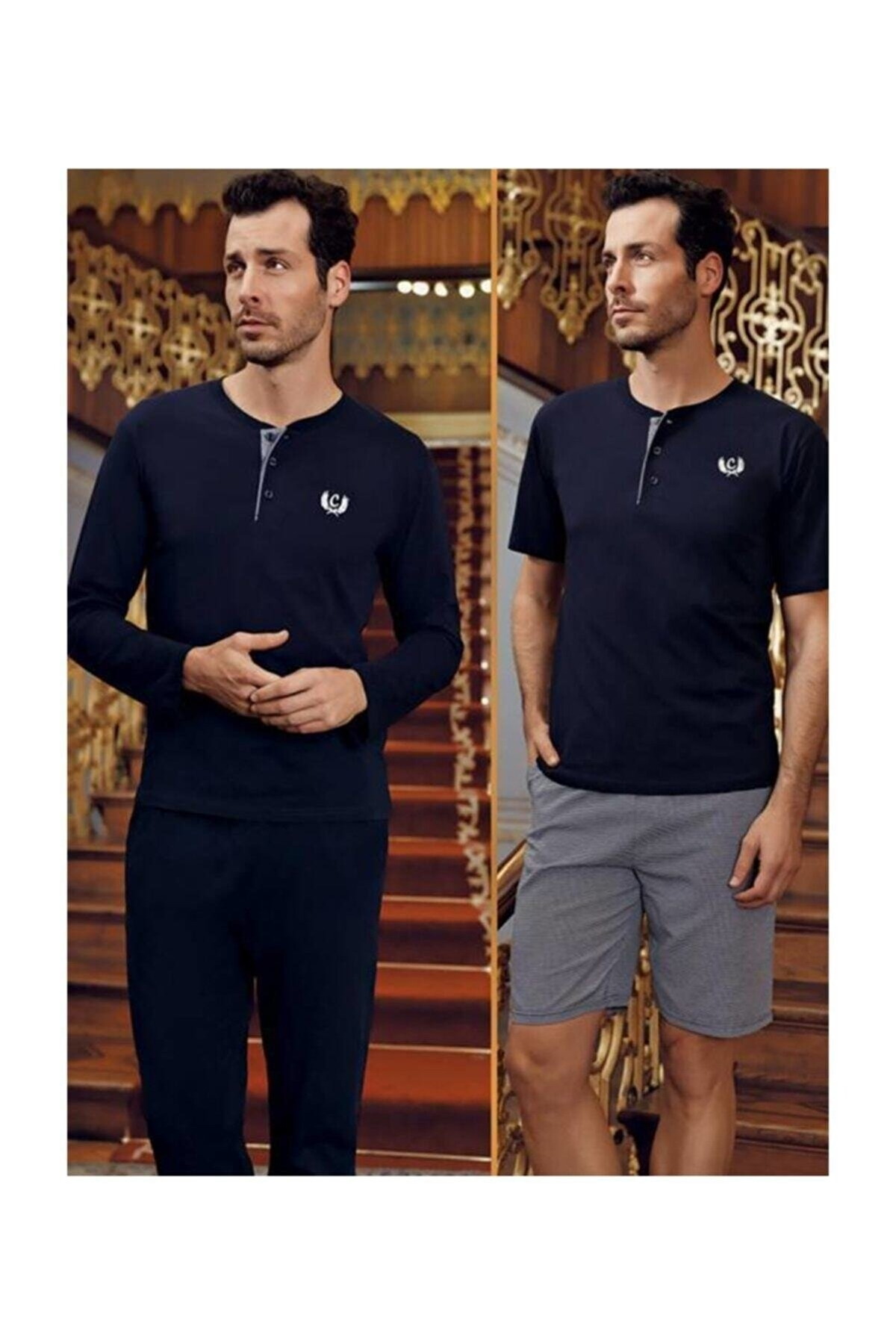 Ekru ve Pembe 5Li Pijama Robdöşambır Seti Perin 1095 - Lacivert