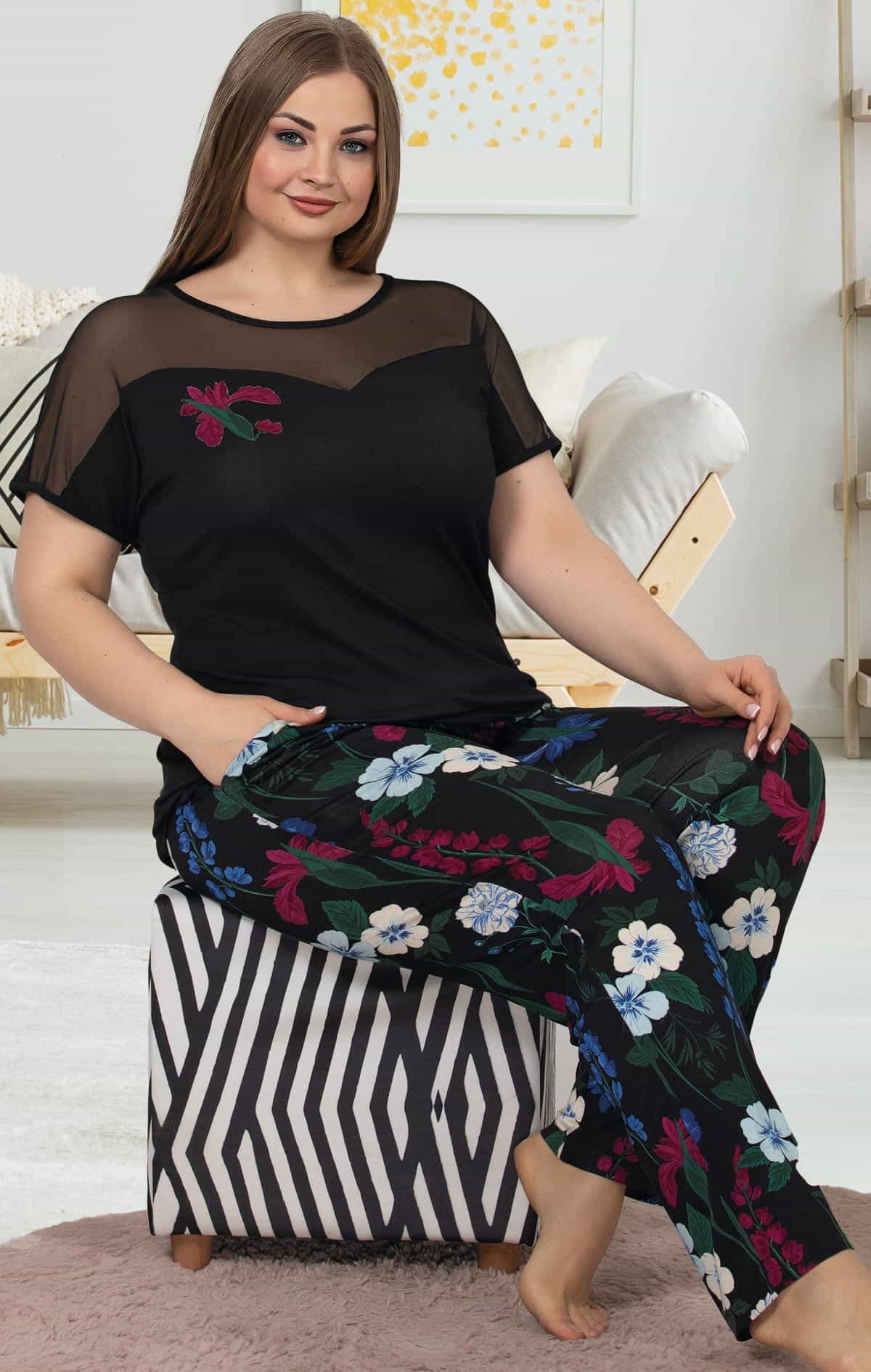 Lady Transparan Çiçek Desenli Büyük Beden Pijama Takımı Lady 10845