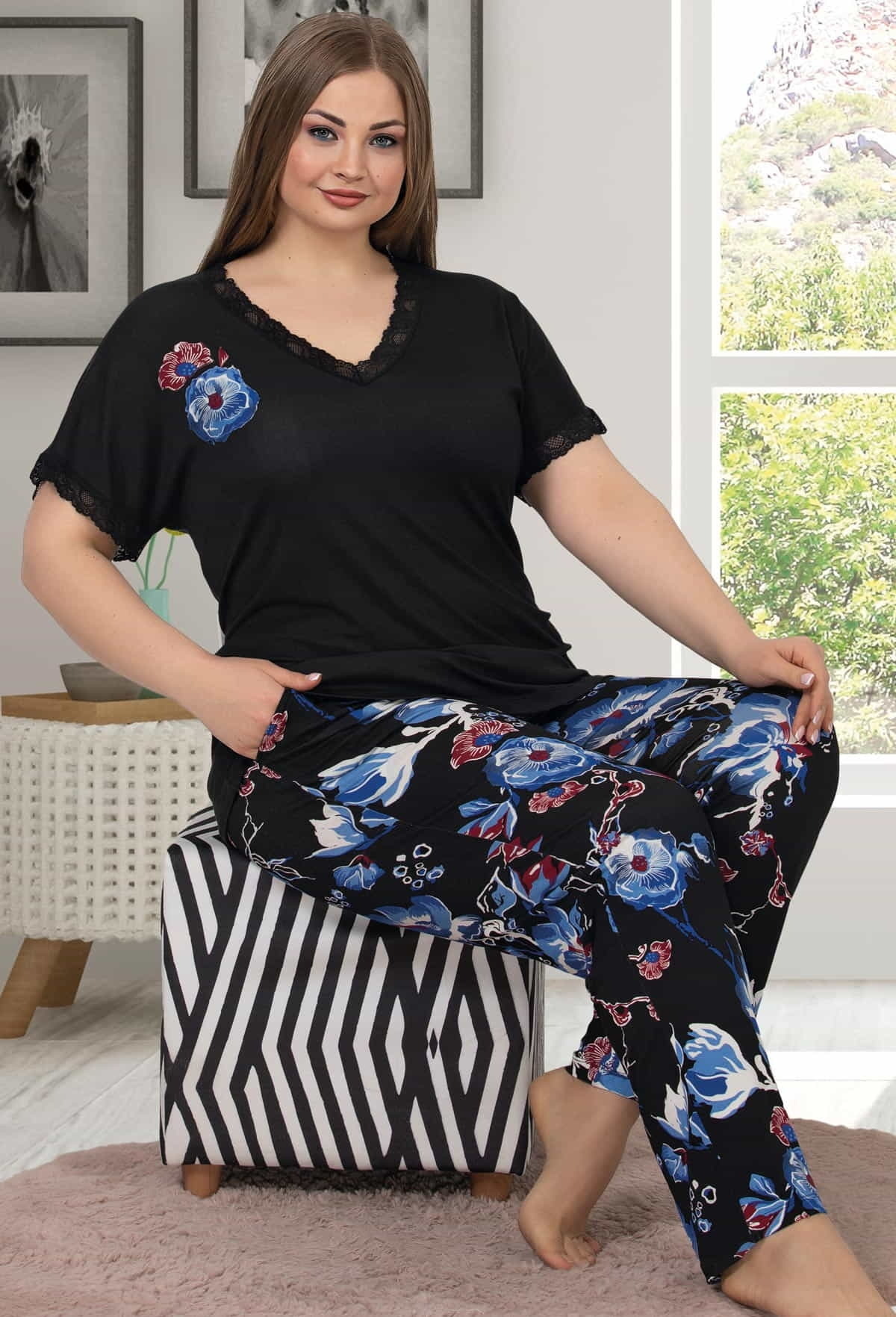 Lady Çiçek Desenli Pamuklu V Yaka Pijama Takımı Lady 10844