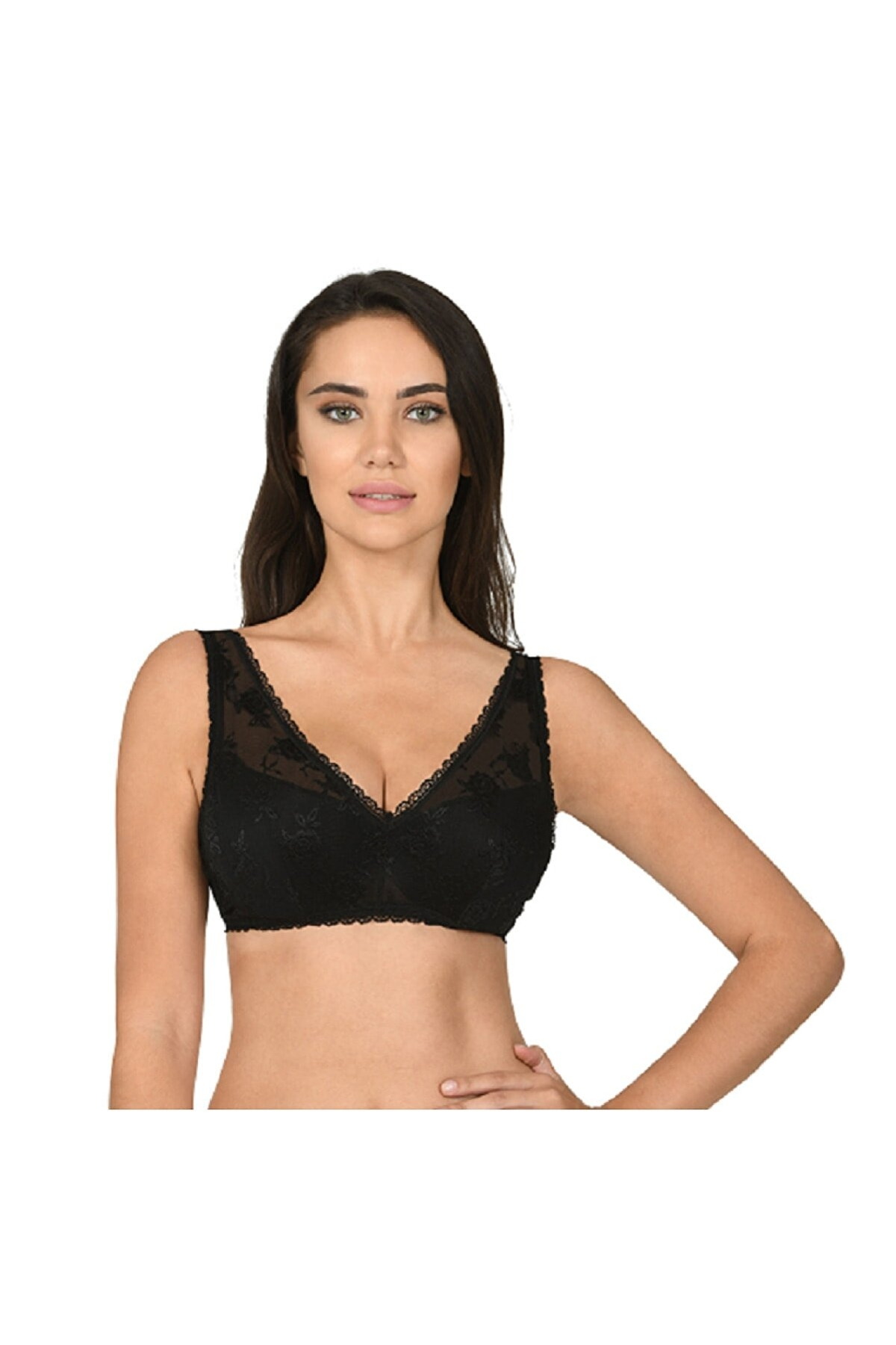 Dantel Detaylı Desteksiz Kalın Askılı Sütyen NBB 370 - Siyah