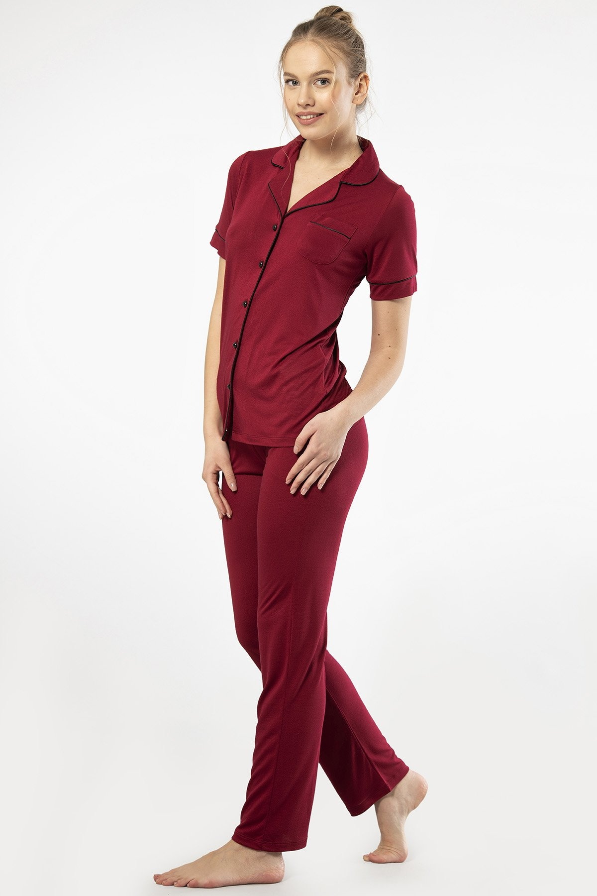 Kısa Kollu Gömlek Yaka Kadın Pijama Takımı Bordo Viskon Polyester Türen 3368 - Bordo