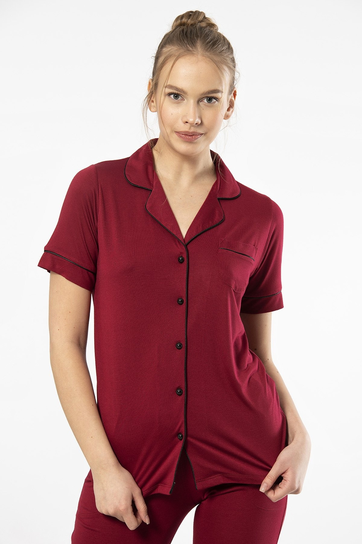 Kısa Kollu Gömlek Yaka Kadın Pijama Takımı Bordo Viskon Polyester Türen 3368 - Bordo