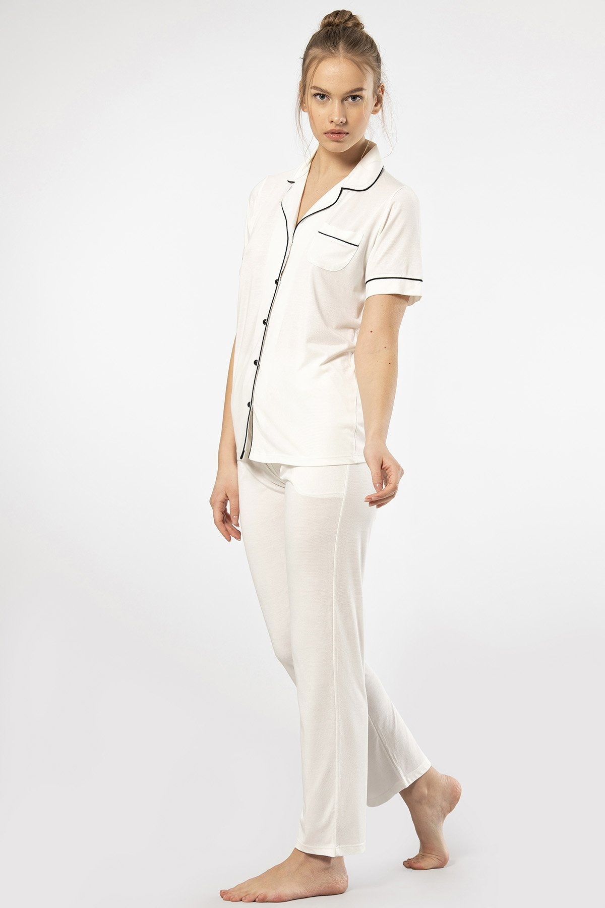 Yumuşak Viskon Kısa Kollu Kadın Pijama Takımı Türen 3368 - Ekru