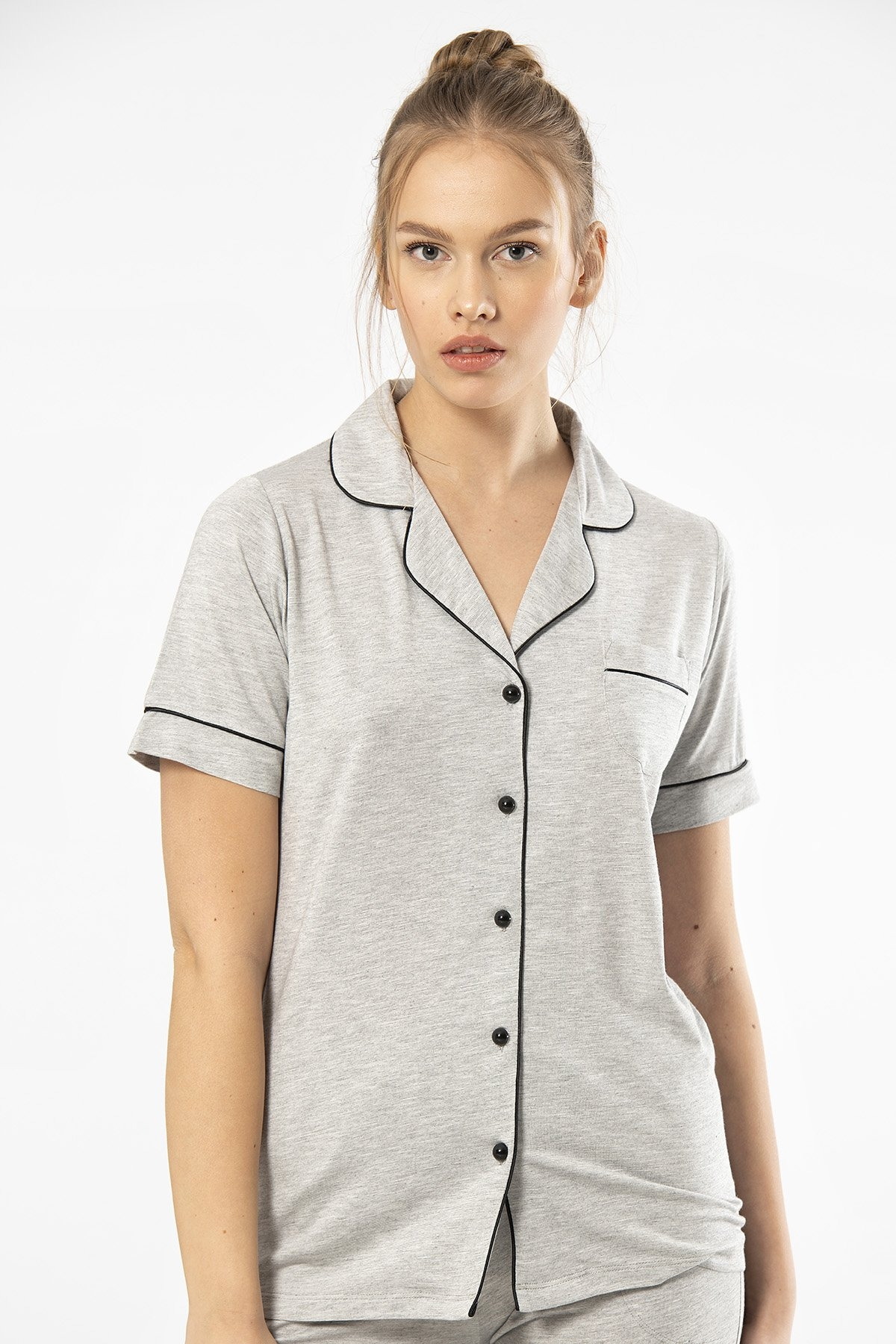 Gri Viskon Polyester Kısa Kollu Kadın Pijama Takımı Türen 3368 - Gri