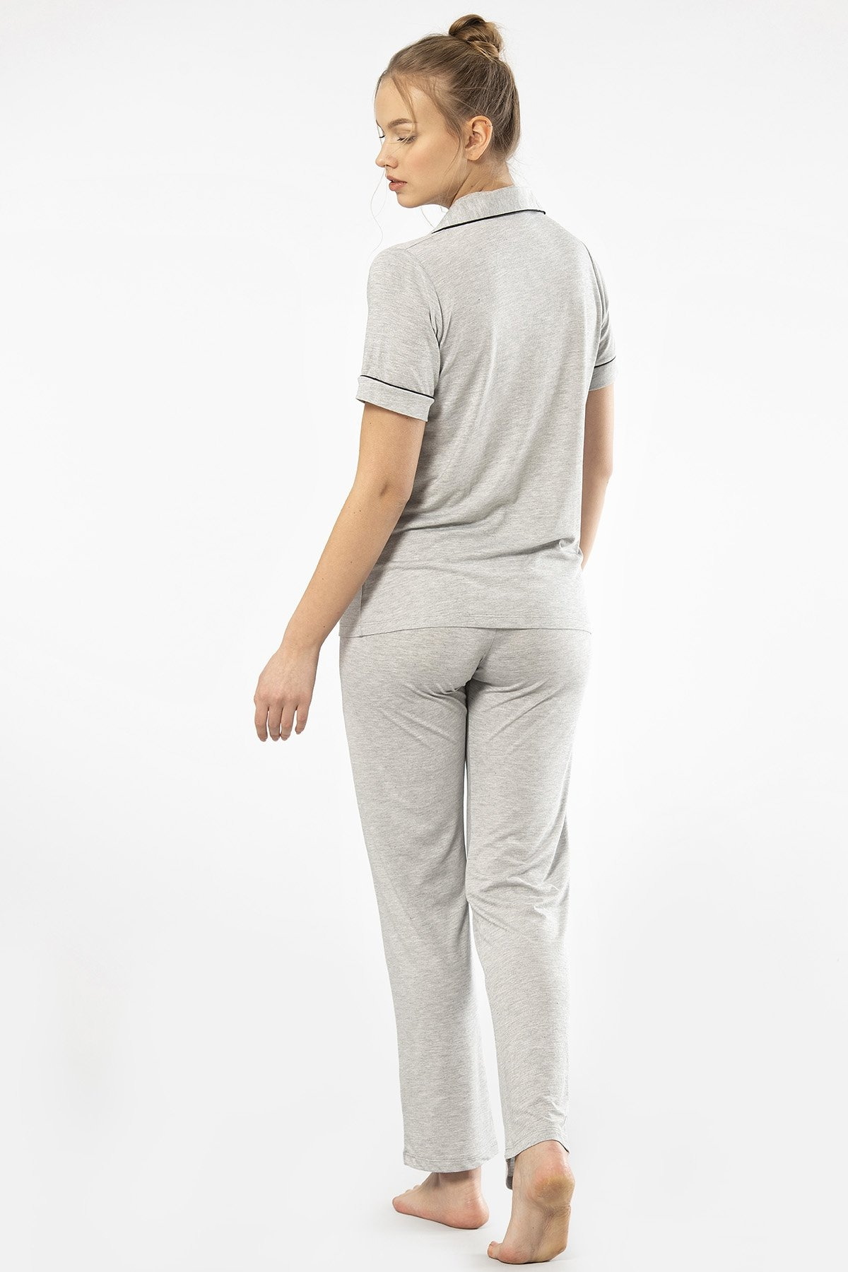 Gri Viskon Polyester Kısa Kollu Kadın Pijama Takımı Türen 3368 - Gri
