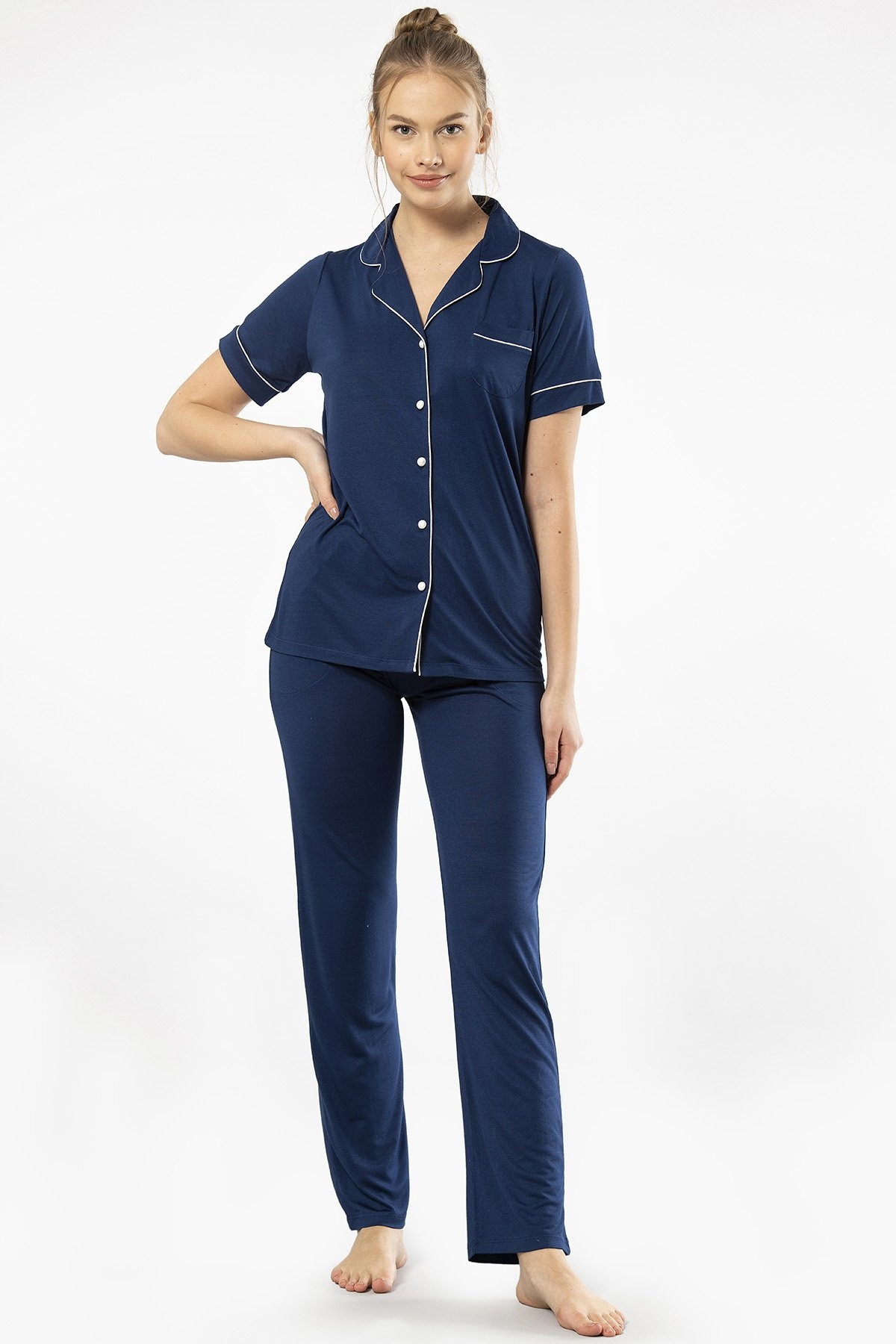 Lacivert Viskon Kısa Kollu Kadın Pijama Takımı Türen 3368 - Lacivert