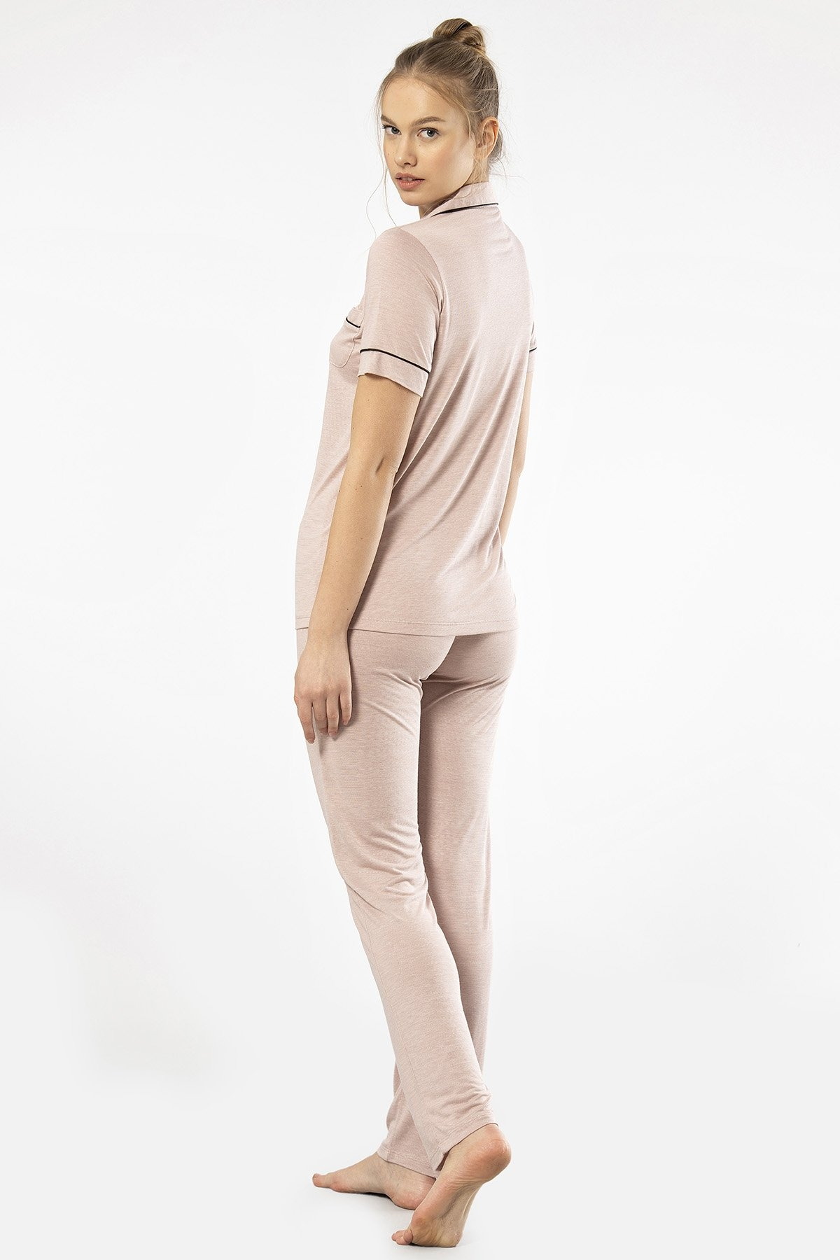 Viskon Polyester Kısa Kollu Kadın Pijama Takımı Türen 3368 - Pudra