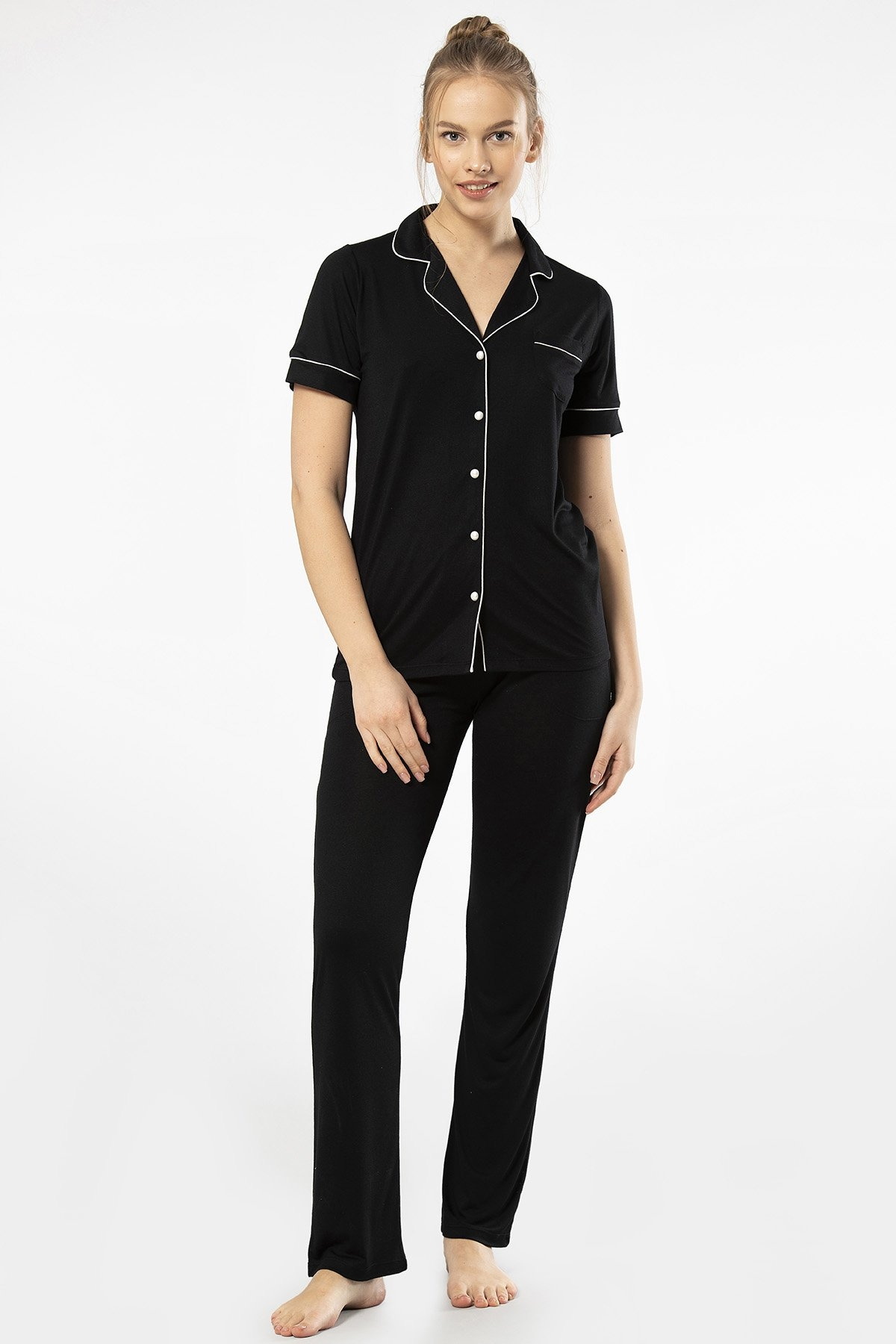 Düğmeli Kısa Kollu Gömlek Yaka Kadın Pijama Takımı Türen 3368 - Siyah