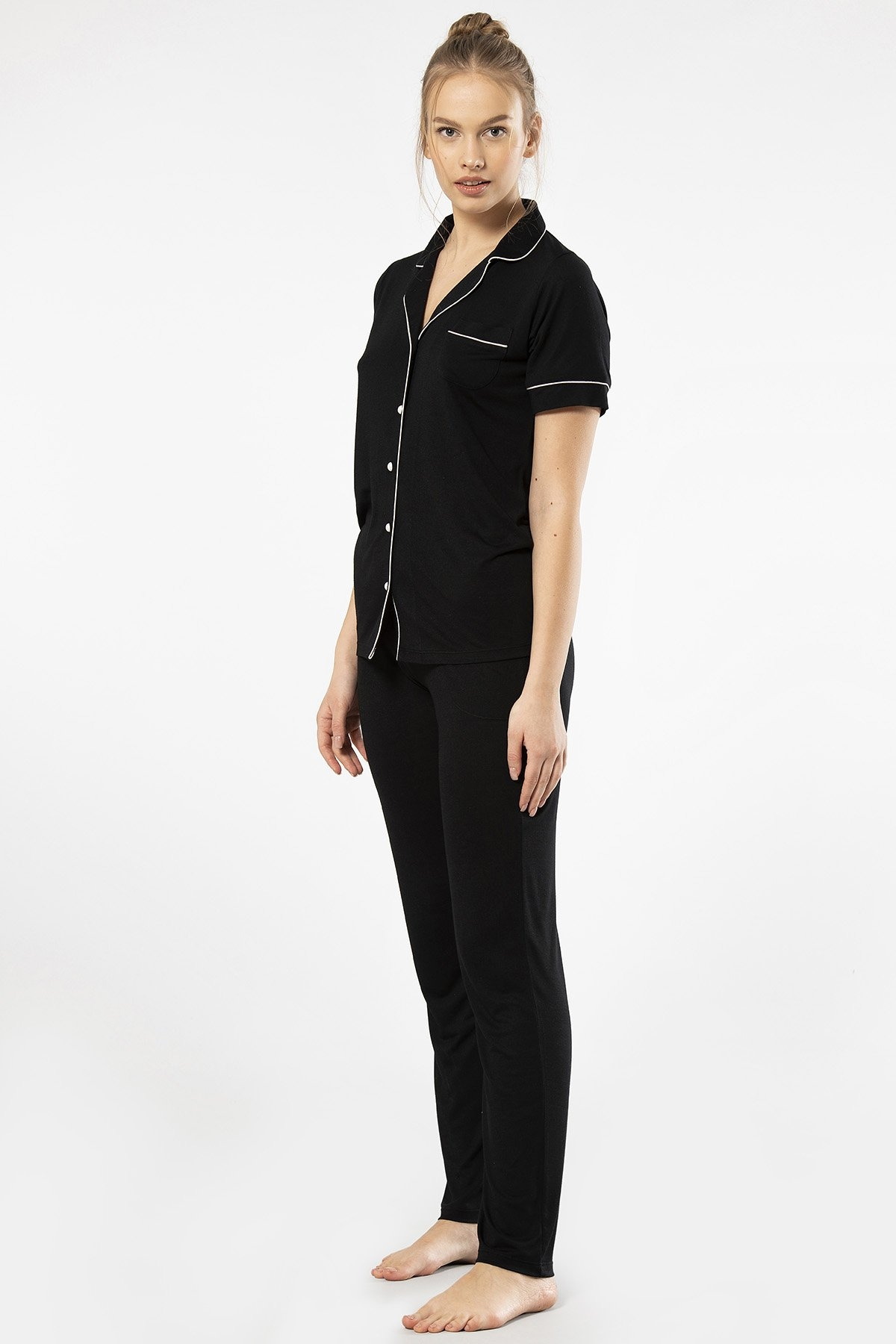 Düğmeli Kısa Kollu Gömlek Yaka Kadın Pijama Takımı Türen 3368 - Siyah