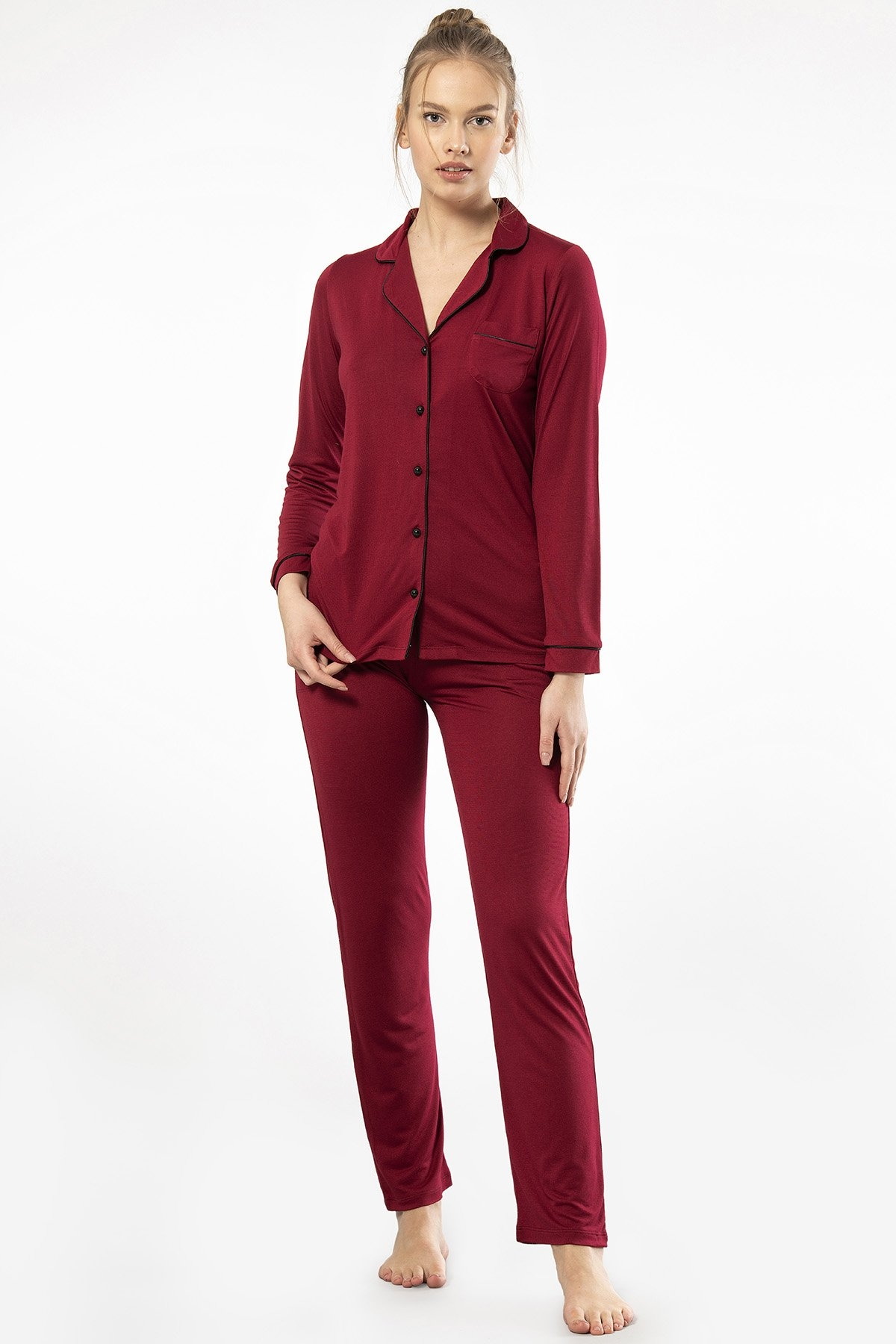 Bordo Viskon Polyester Kadın Pijama Takımı Türen 3365 - Bordo