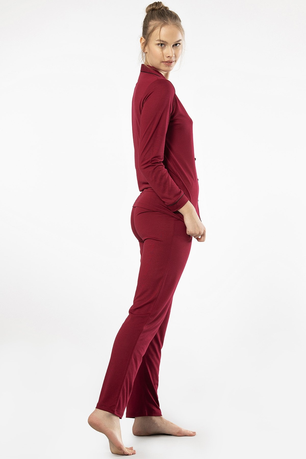 Bordo Viskon Polyester Kadın Pijama Takımı Türen 3365 - Bordo