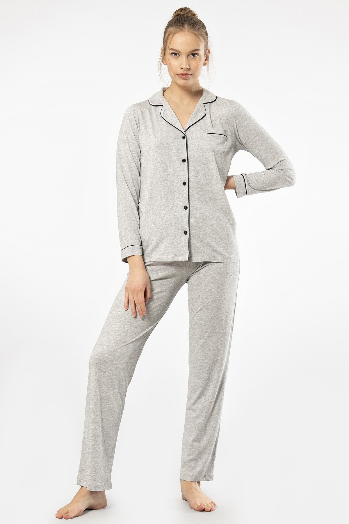 Gri Uzun Kollu Kadın Pijama Takımı Viskon Polyester Türen 3365 - Gri