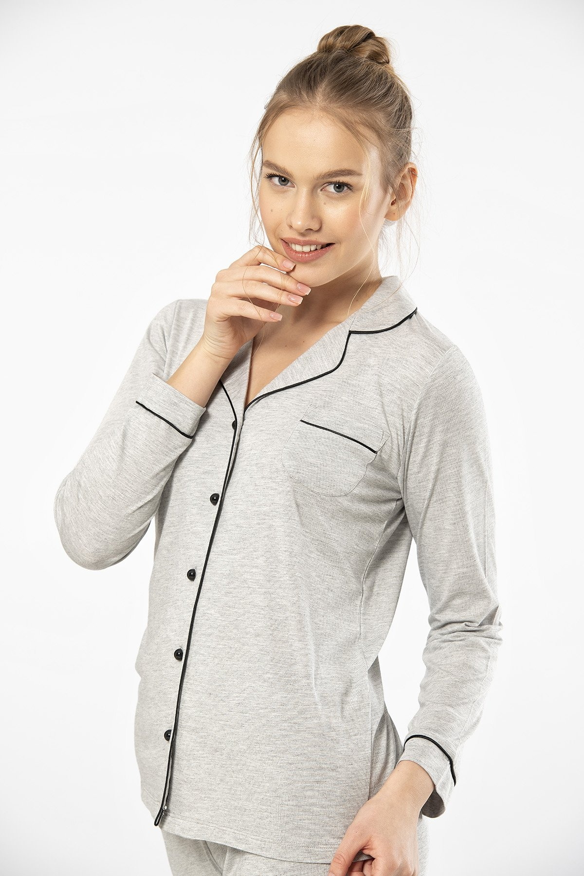 Gri Uzun Kollu Kadın Pijama Takımı Viskon Polyester Türen 3365 - Gri