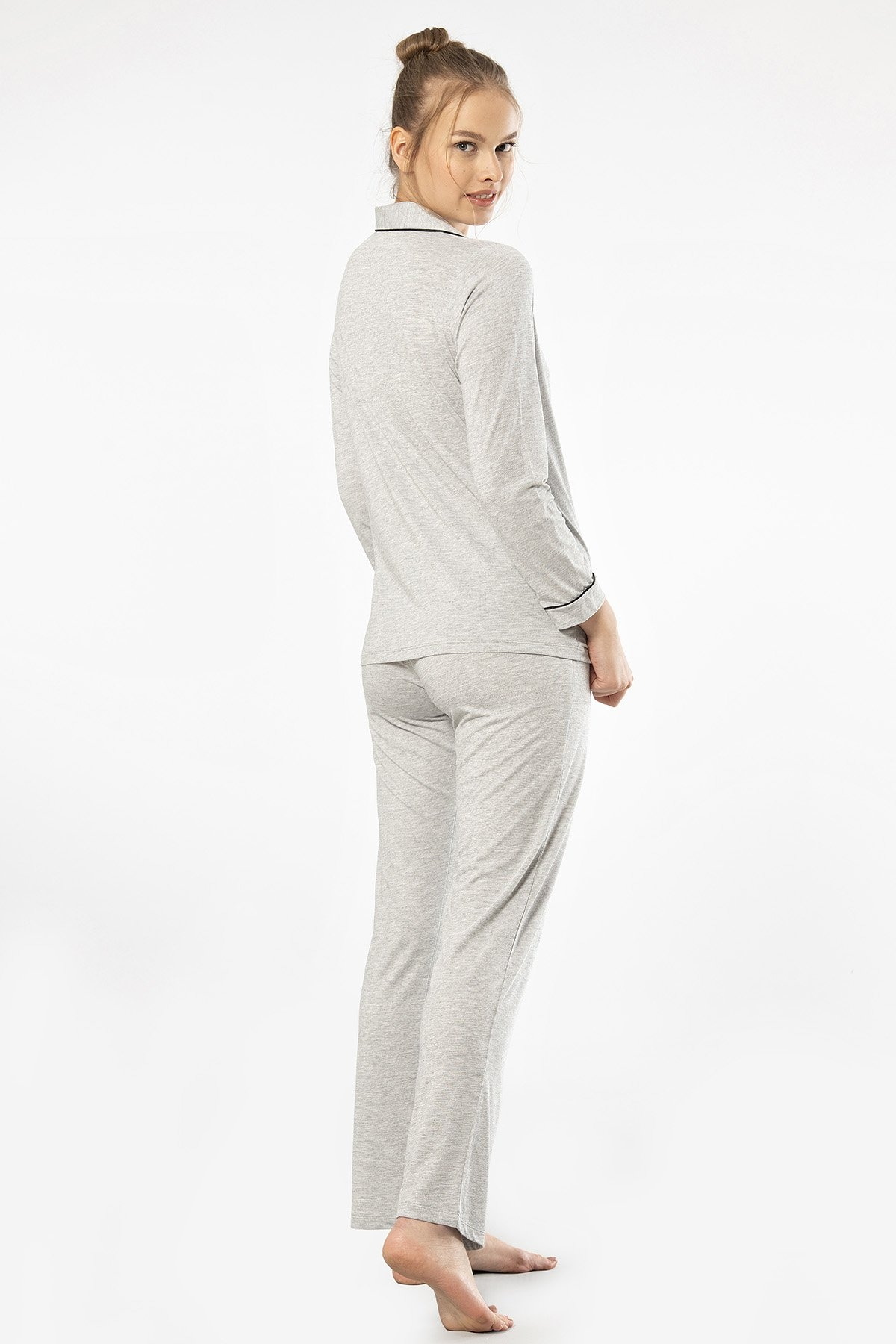 Gri Uzun Kollu Kadın Pijama Takımı Viskon Polyester Türen 3365 - Gri