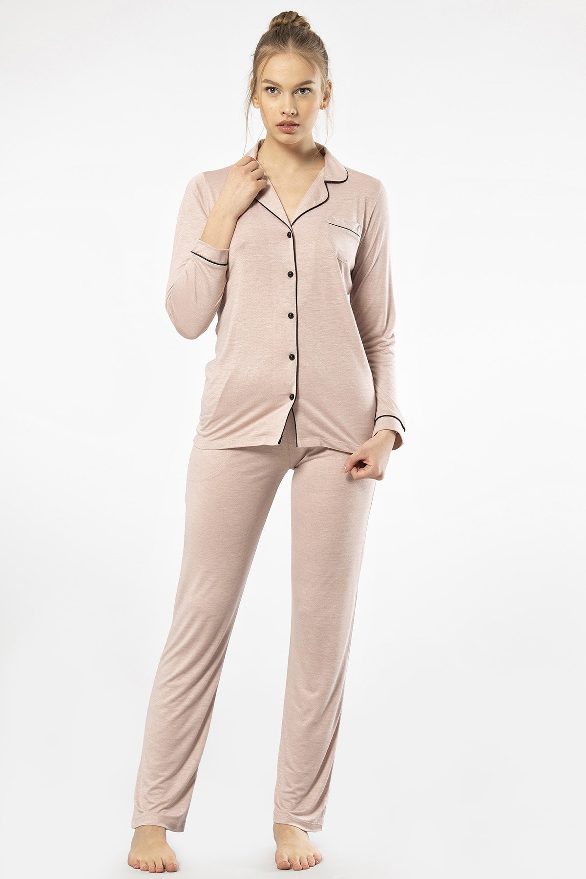 Düğmeli Uzun Kollu Kadın Pijama Takımı Viskon Polyester Türen 3365 - Pudra