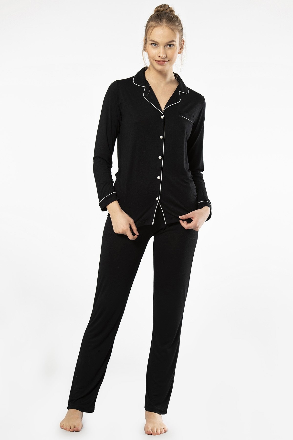 Türen Önden Düğmeli Uzun Kollu Pijama Takımı Viskon Polyester Türen 3365 - Görsel 4