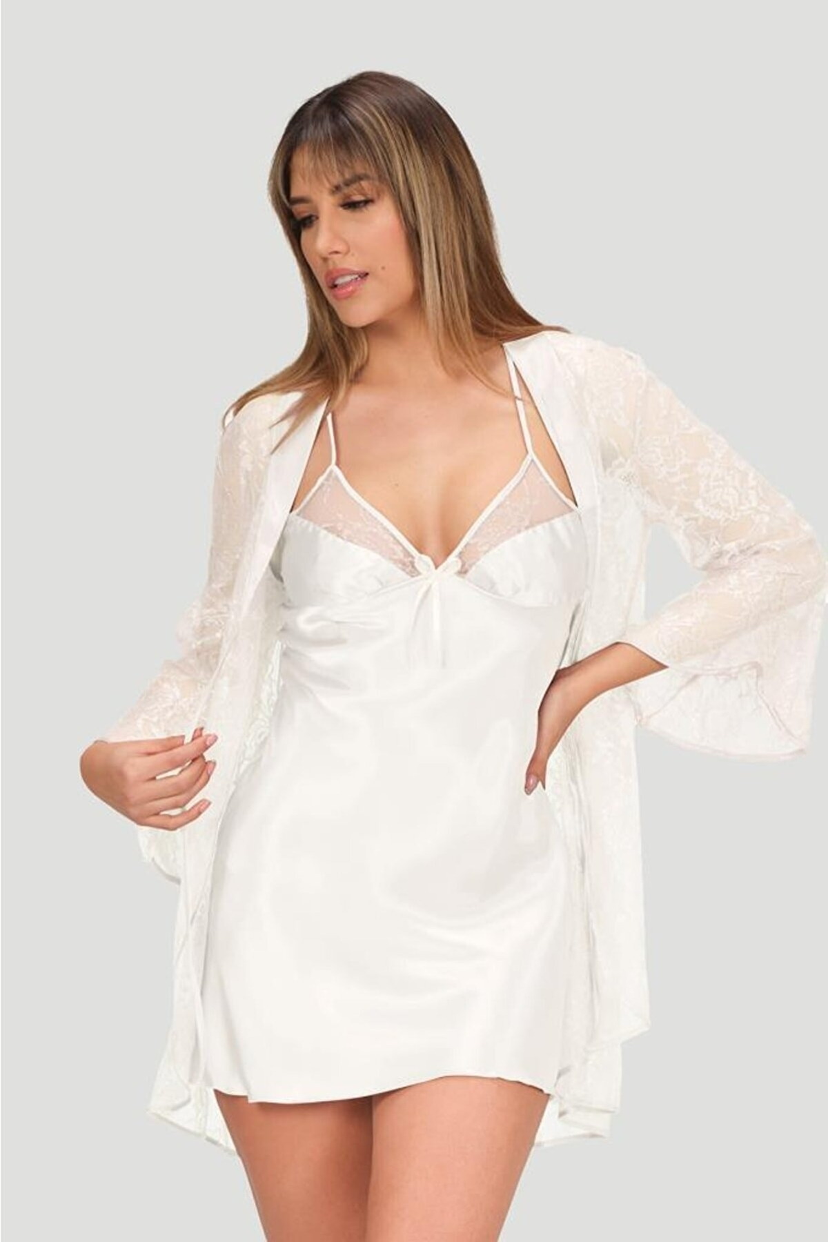 Dantel Detaylı Ekru Kısa Saten Gecelik Takımı NBB 3150 - Ekru