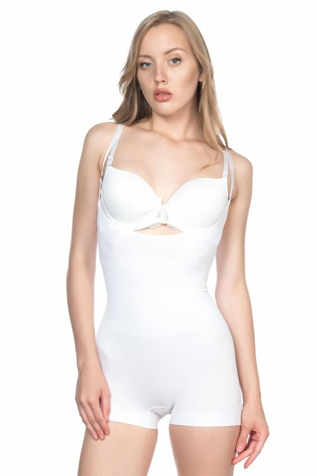 Dikişsiz Göğsü Açık Paçalı Boy Korse Emay 2058 - Beyaz