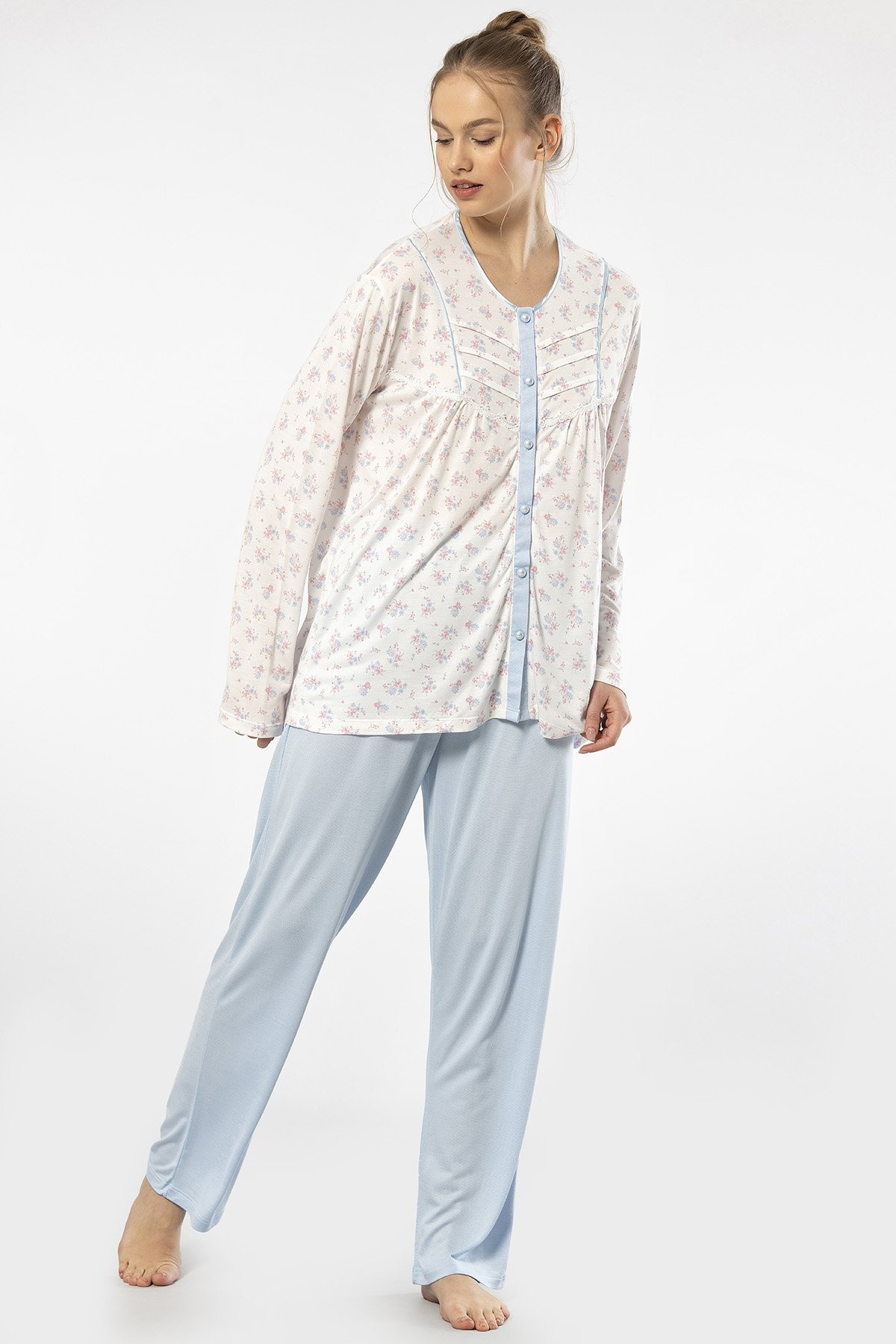 Empirme Düğmeli Battal Uzun Kollu Kadın Pijama Takımı Türen 3367 - Mavi