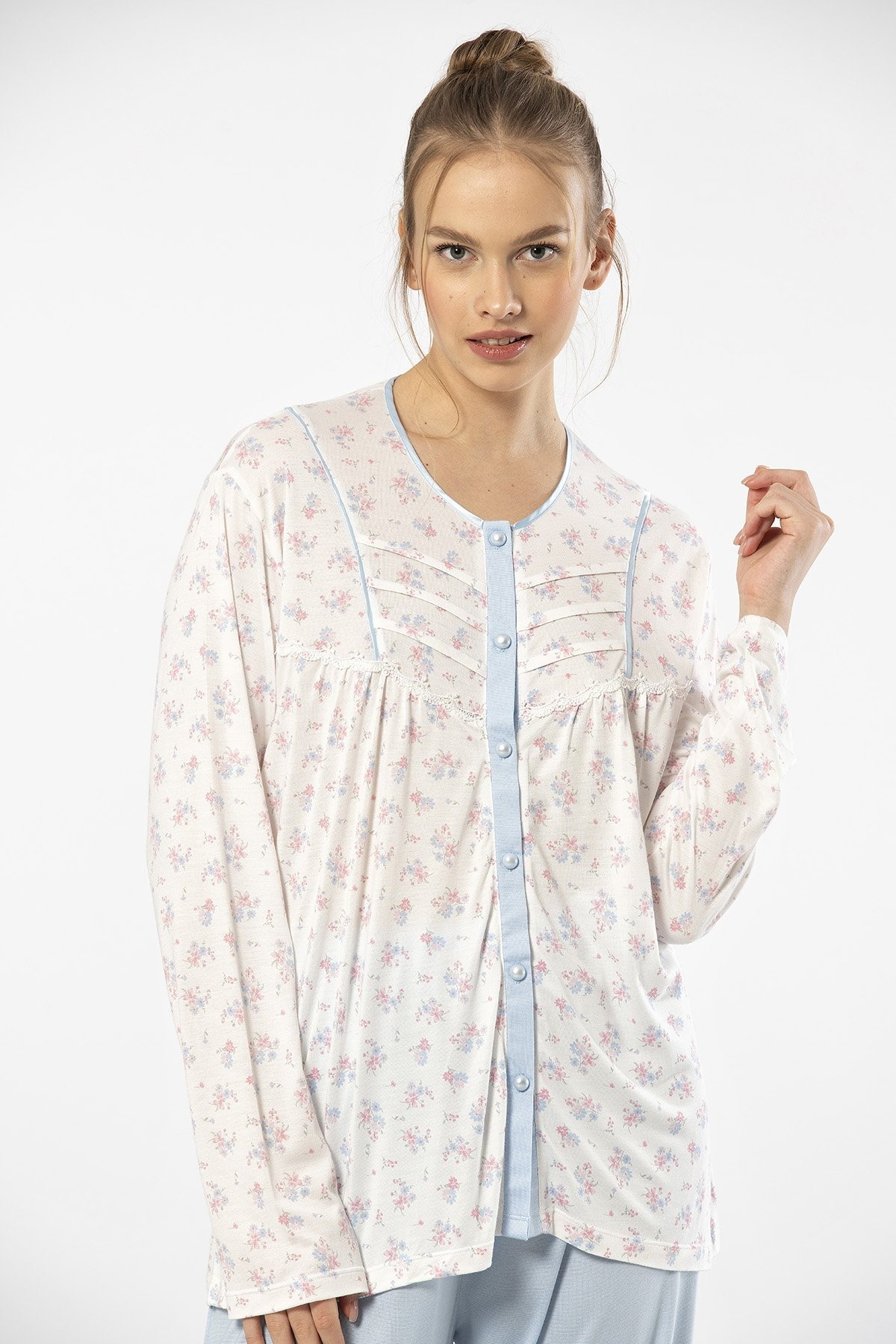 Empirme Düğmeli Battal Uzun Kollu Kadın Pijama Takımı Türen 3367 - Mavi