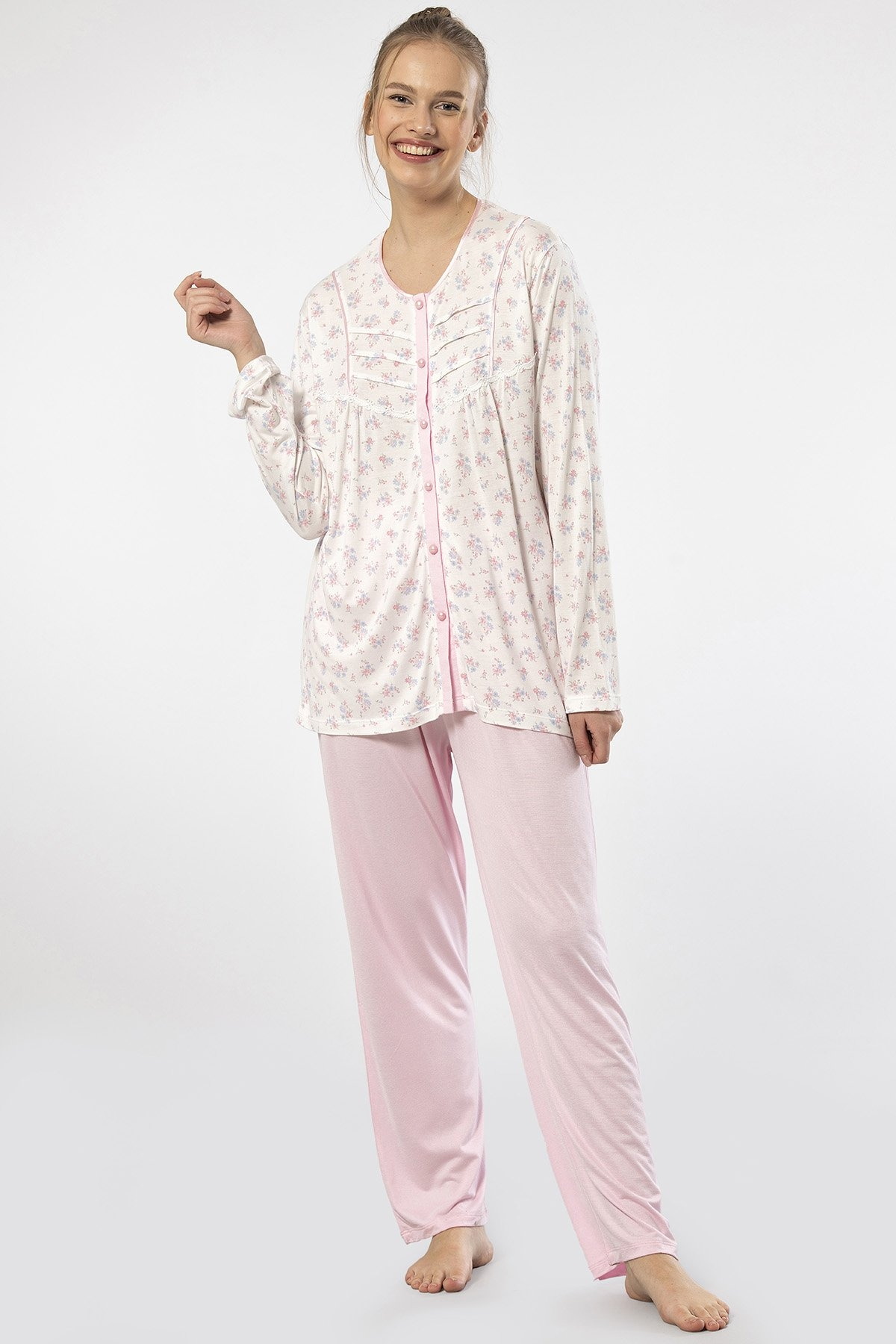 Düğmeli Pembe Uzun Kollu Kadın Pijama Takımı Türen 3367 - Pembe