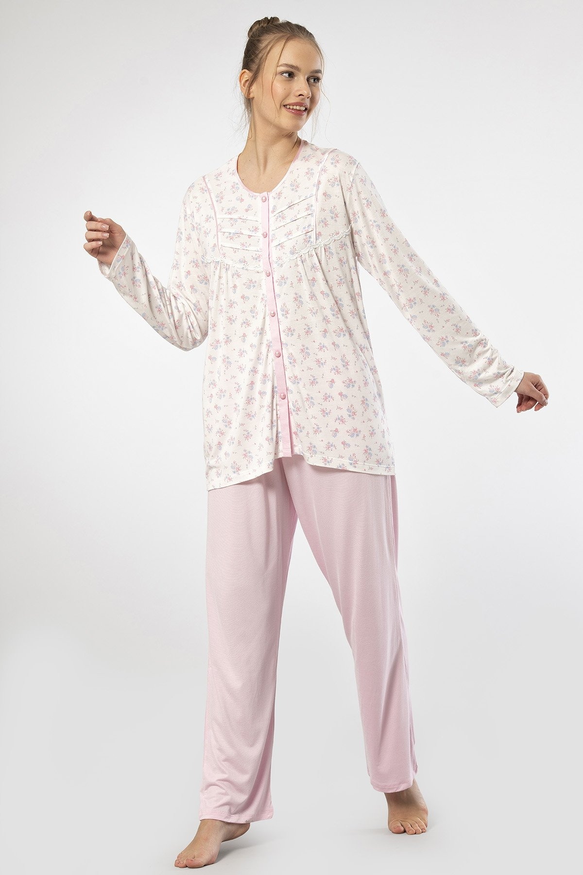 Düğmeli Pembe Uzun Kollu Kadın Pijama Takımı Türen 3367 - Pembe
