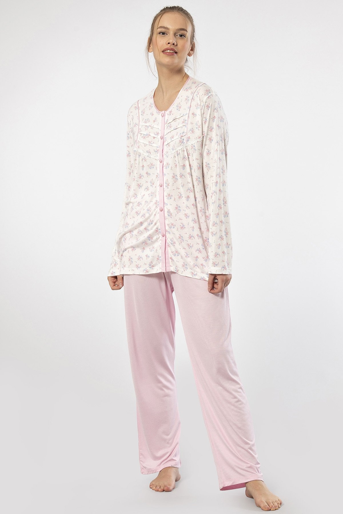 Düğmeli Pembe Uzun Kollu Kadın Pijama Takımı Türen 3367 - Pembe