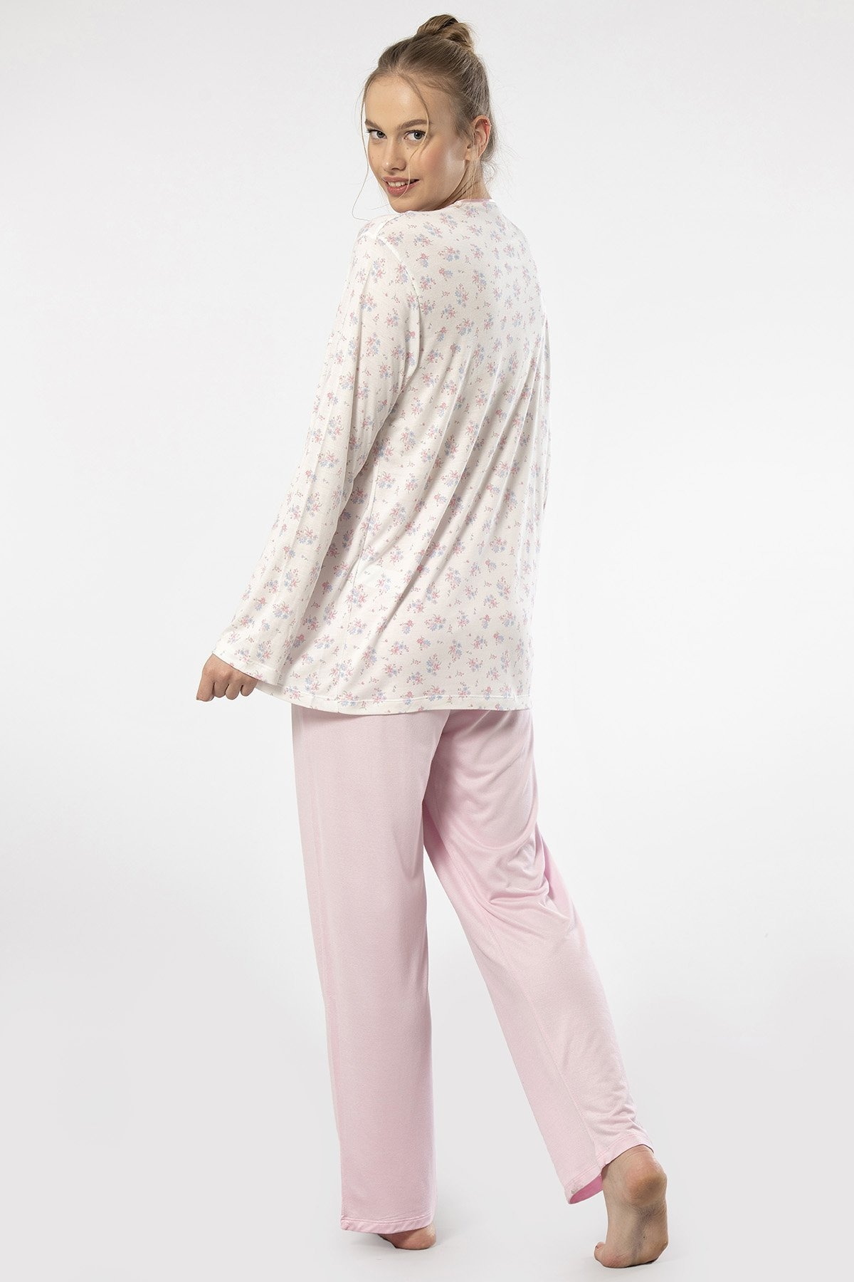 Düğmeli Pembe Uzun Kollu Kadın Pijama Takımı Türen 3367 - Pembe