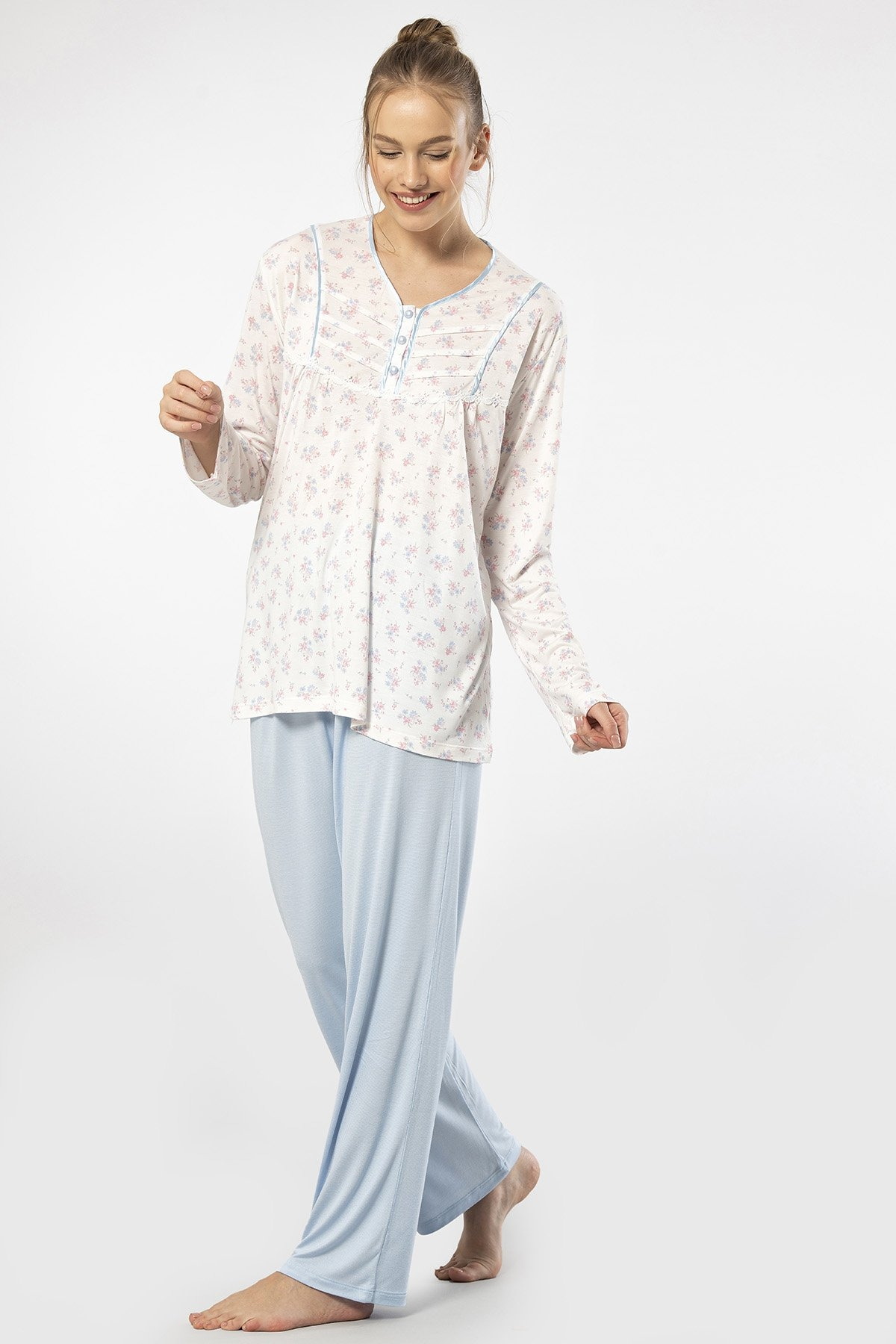 Patlı Empirme Uzun Kollu Pijama Takımı Mavi Türen 3366 - Mavi