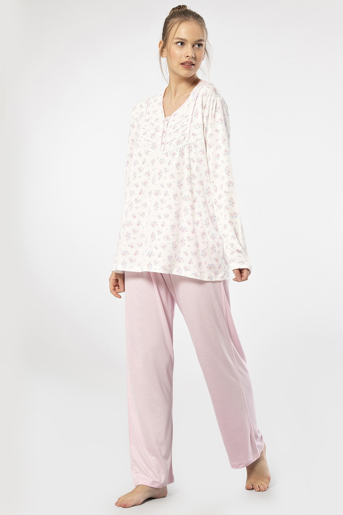 Viskon ve Polyester Uzun Kollu Kadın Pijama Takımı Türen 3366 - Pembe